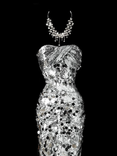 Silver Strapless Glitter Dress - Designer Sequin Gown - Silver Glitter Dress Plus Size